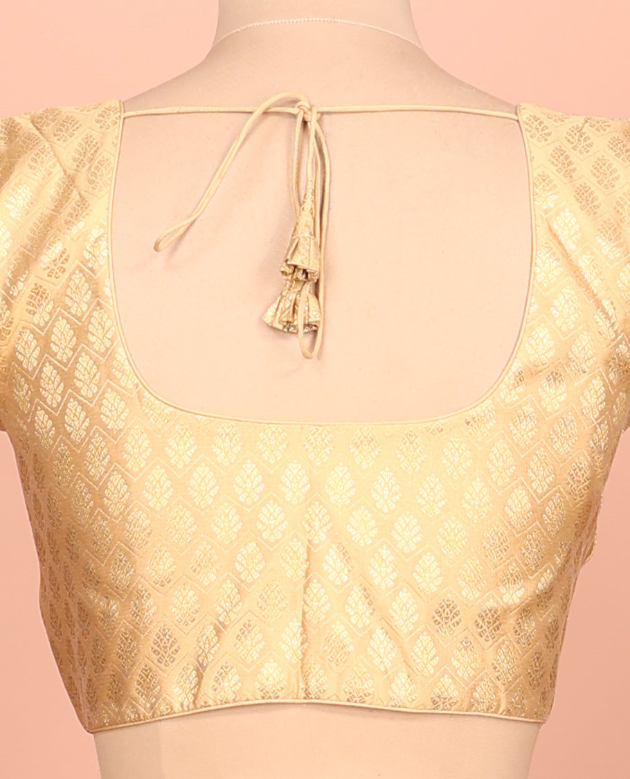 Gold buttas and chevron striped front-back round neck elbow-sleeve readymade blouse