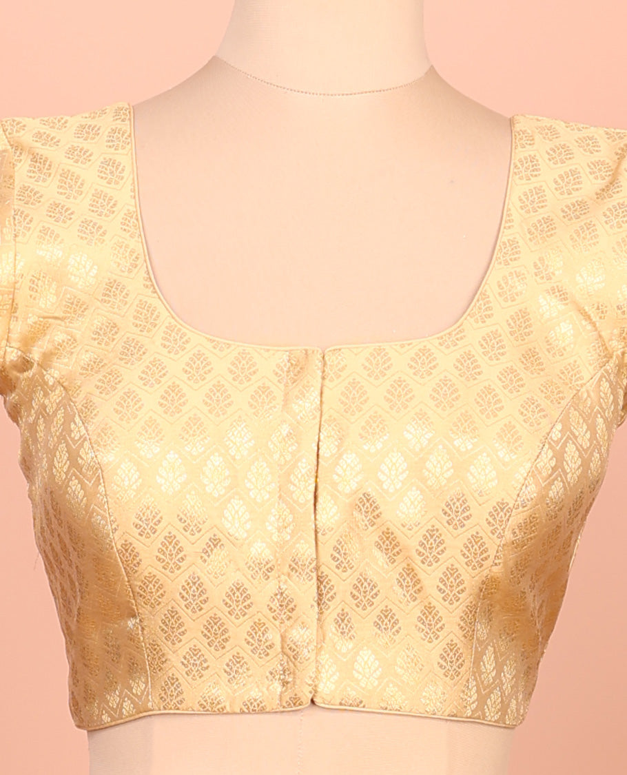 Gold buttas and chevron striped front-back round neck elbow-sleeve readymade blouse