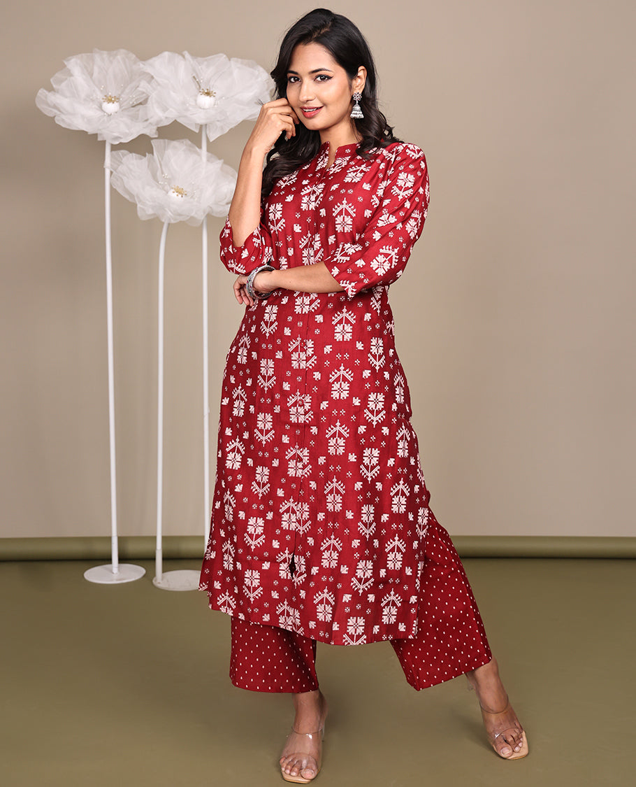 Red Cotton Ready-Made Suit, Featuring Jamdani-Style Prints, a Chinese Collar, 3/4 Sleeves, and Straight-Cut Top, Paired with Polka-Dot-Printed Straight-Cut Pants