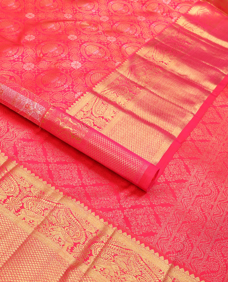 Red jacquard samudrika silk saree with self intricate zari design border & traditional zari design pallu