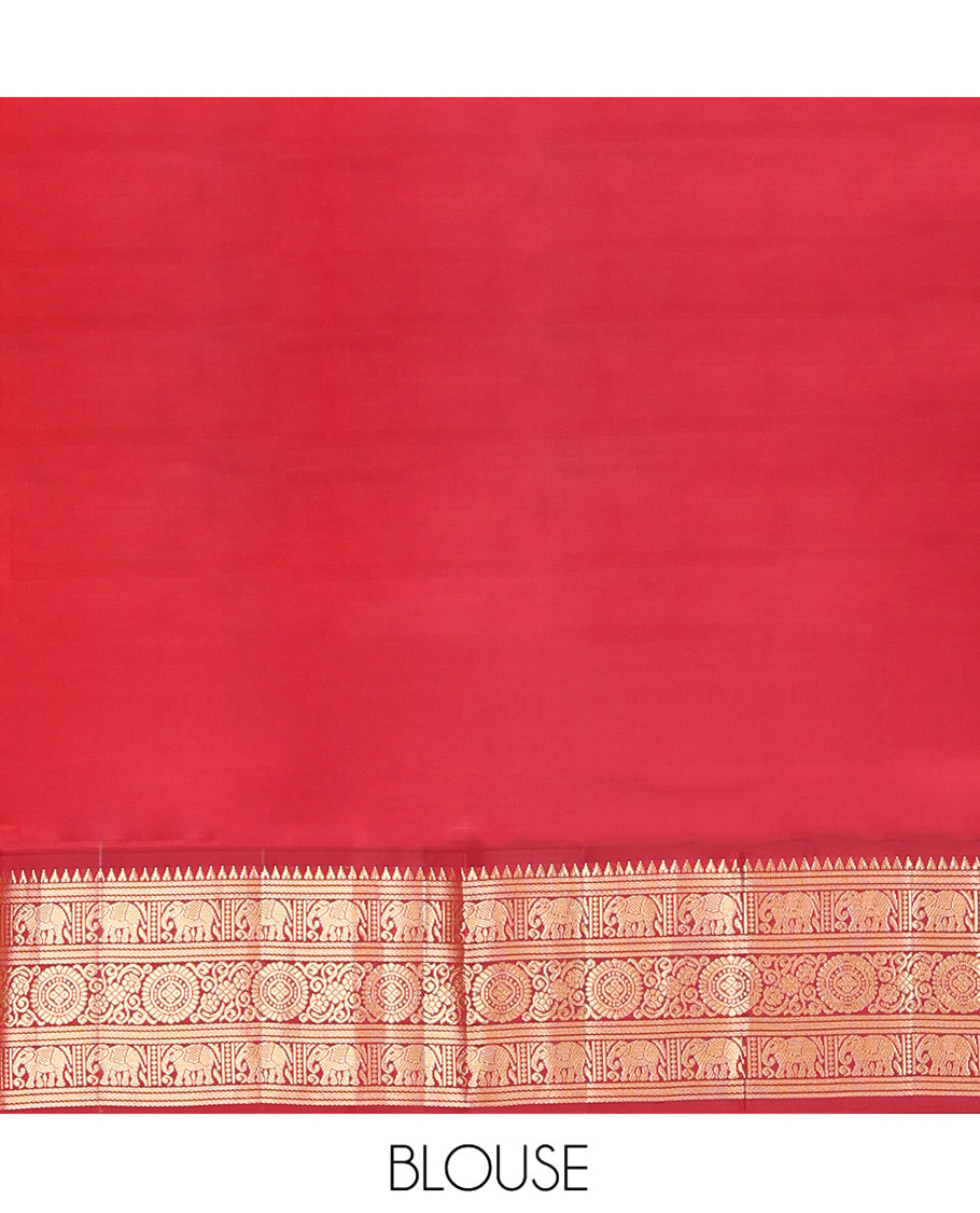 Blue Vasundhara Silk Saree, Embellished with Mayil and Yaanai Buttas Across Its Body, Complemented by a Contrast Korvai Border of Rekku, Banaras, Yaanai, and Chakram Designs, Gleaming Jaal Pallu, and Paired with a Contrast Blouse