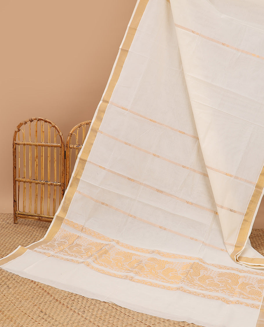Cream kerala saree with zari stripes, zari border & pallu of zari designs