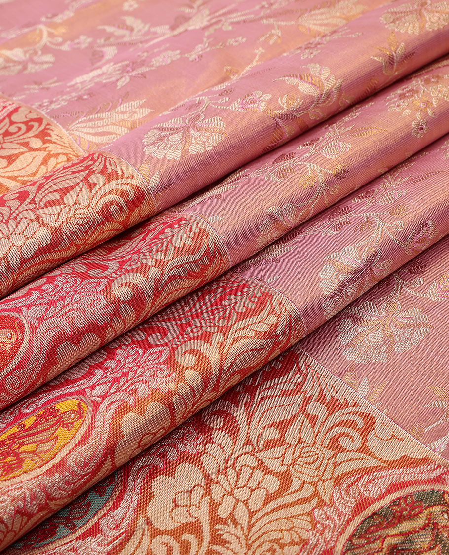 Pink floral jaal jacquard silk saree, contrast floral jaal & kili motifs meenakari zari border & kodi visiry & jaal pallu