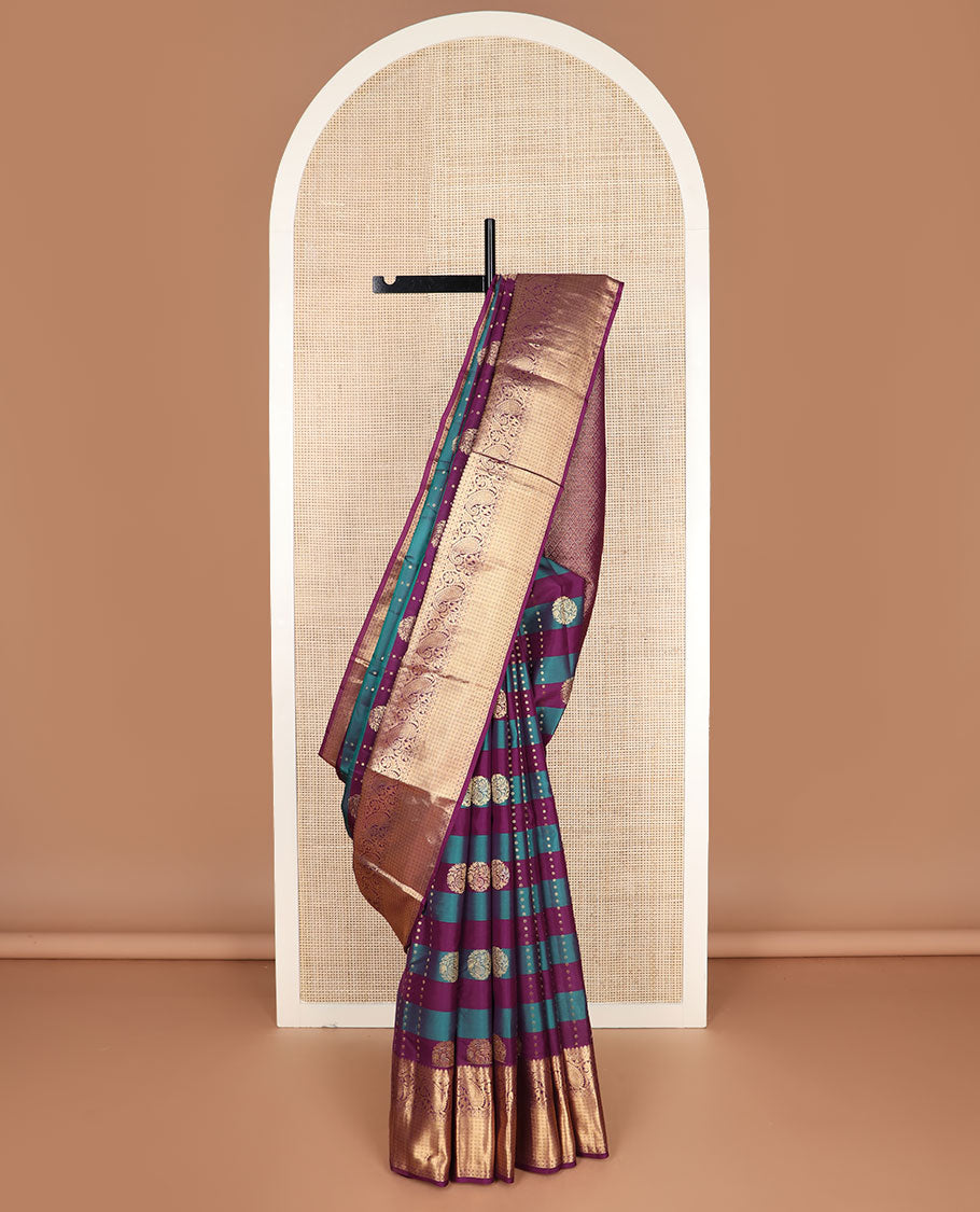 Purple-blue striped & zari design vasundhara silkmix saree,contrast jaal pallu & border of thilakam,banaras,rudraksham,floral & manga