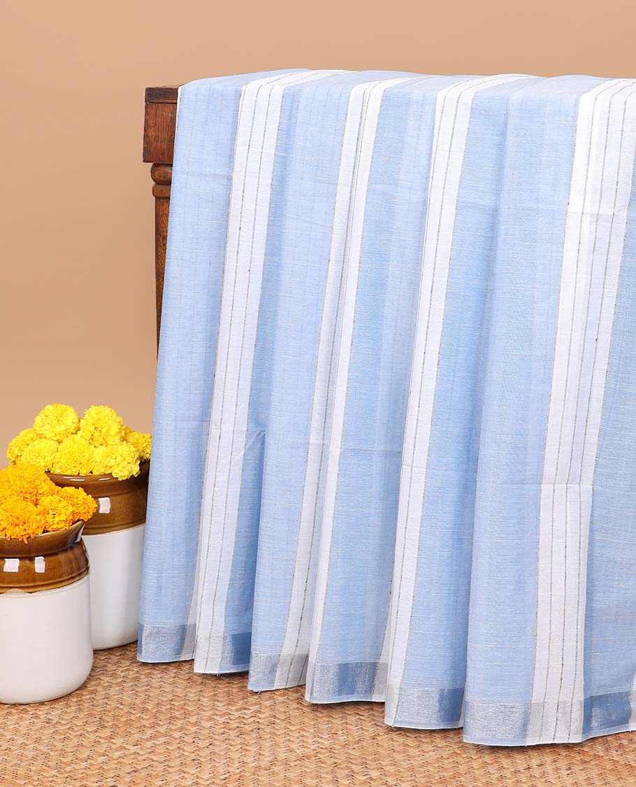 Borderless Blue vertical striped jute cotton saree with striped pallu