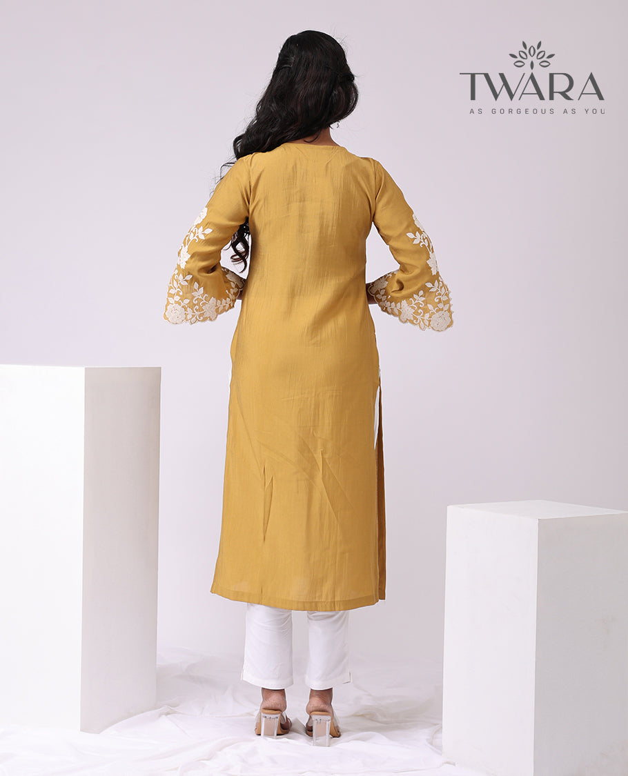 Twara Mustard florad thread embroidery v neck, knee length , 3/4 th sleeve kurti