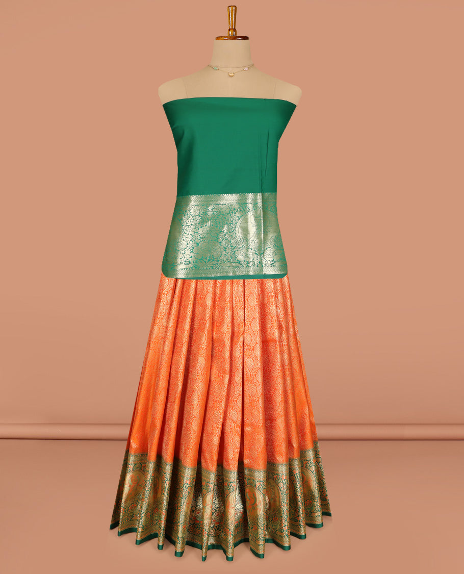 Orange Art Silk Pavadai Material, Delicately Woven with Jacquard Design, Contrast Floral-Bird Zari Design Border, and a Contrast Blouse