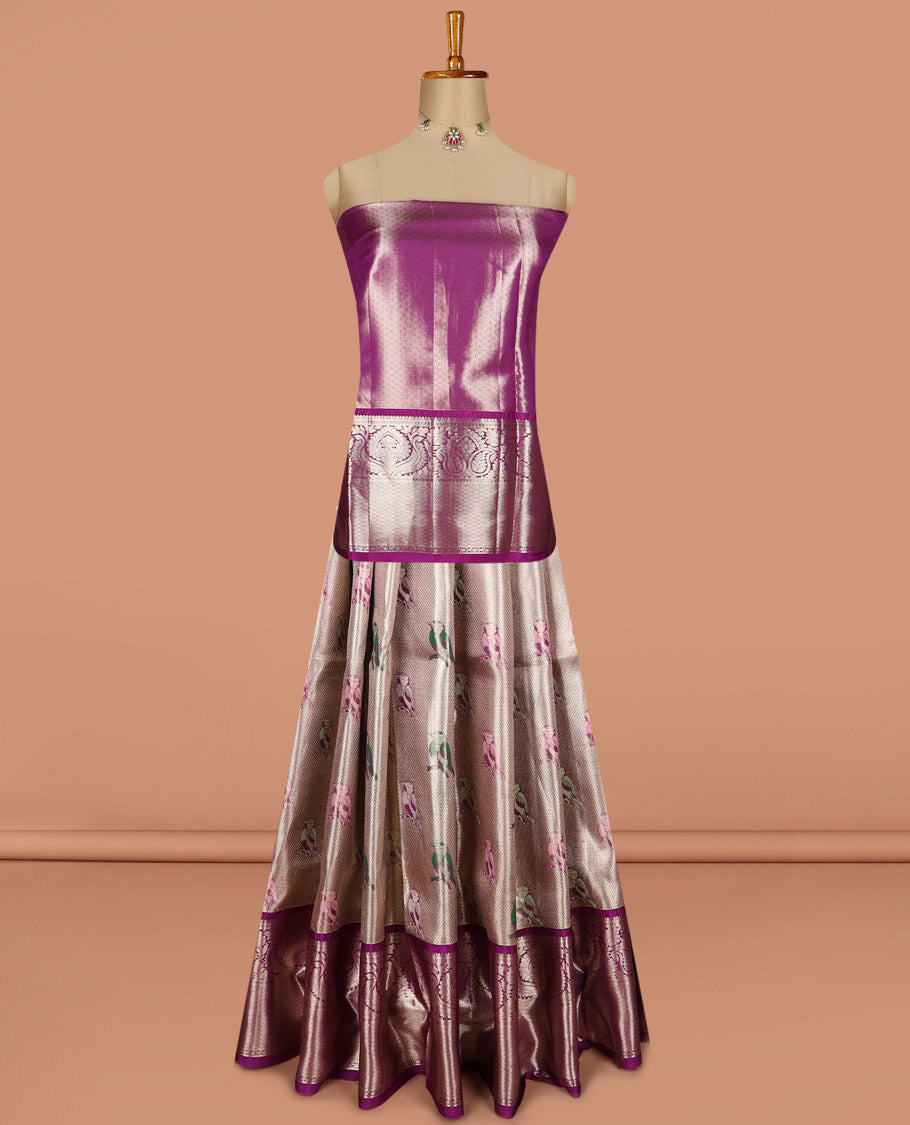 Sliver pure silk half saree, sparrow jacquard skirt, contrast traditional zari border, jacquard blouse, and intricate dhavani