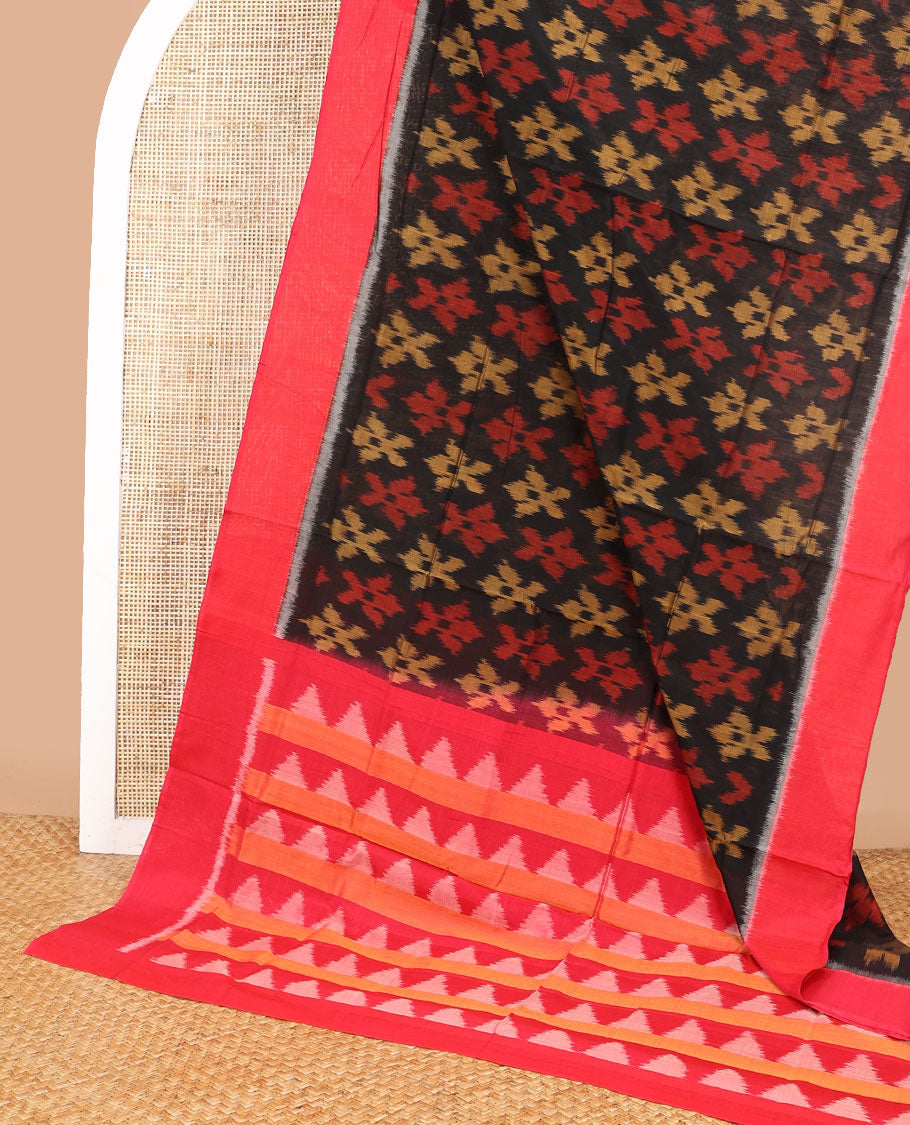 Black floral design ikkat cotton saree with contrast border & geometric design pallu