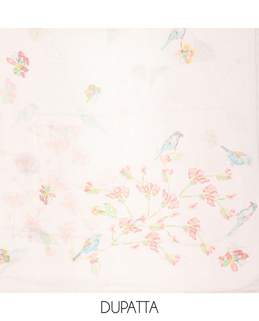 Cream sparrow print pure linen chudidhar material top with cotton pants & pure chiffon dupatta