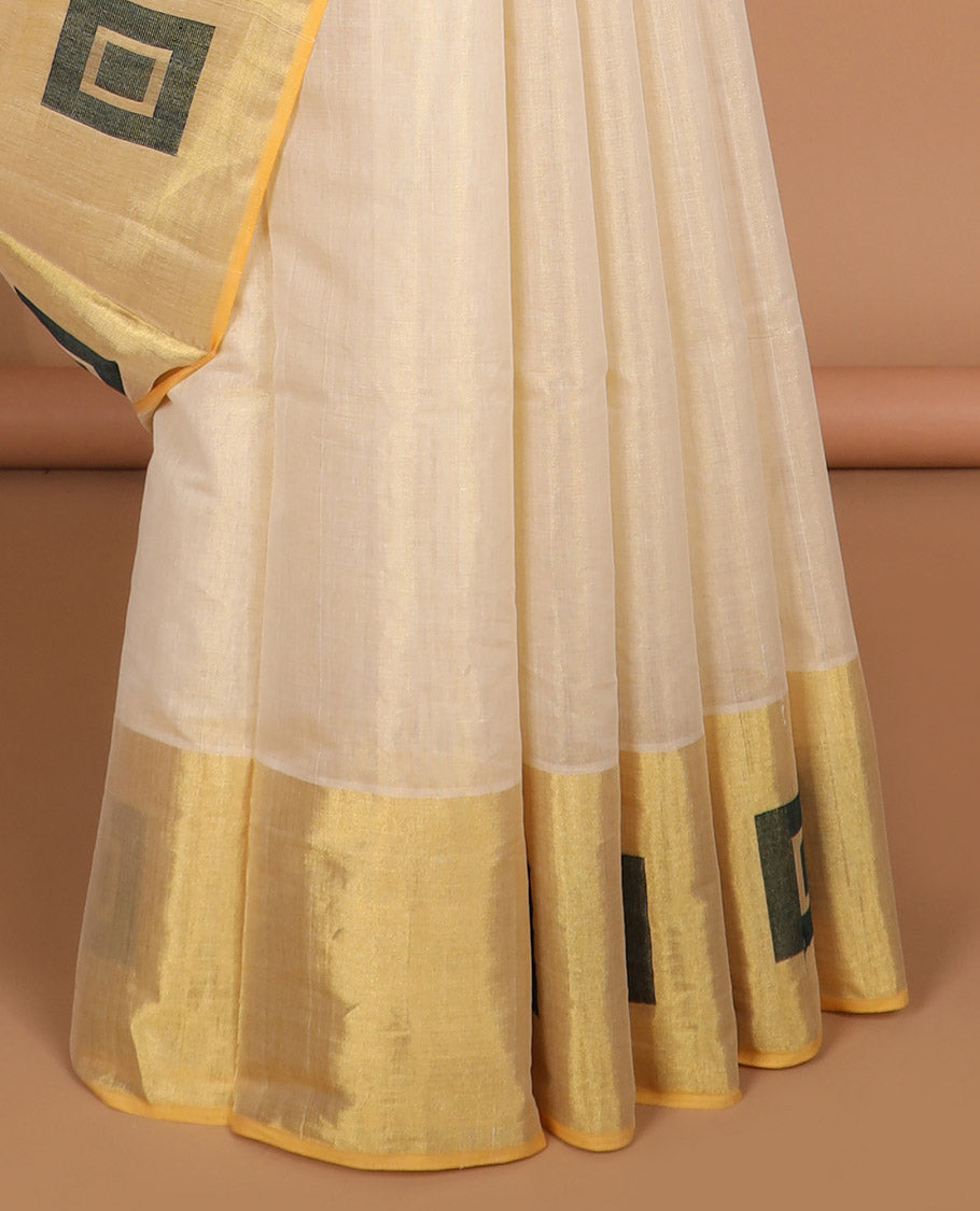 Cream kasavu saree with contrast geometric design border & striped, geometric design pallu