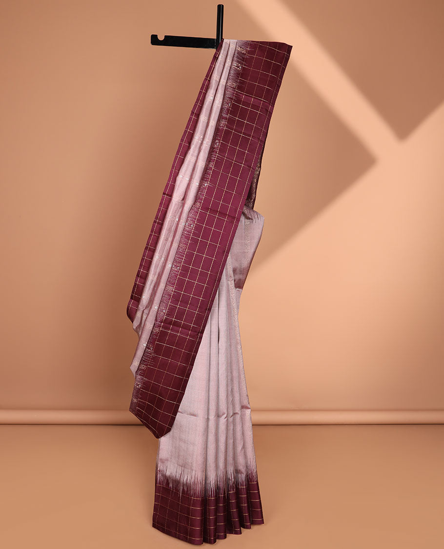 Peach soft silk saree with contrast checked border & floral jacquard design pallu