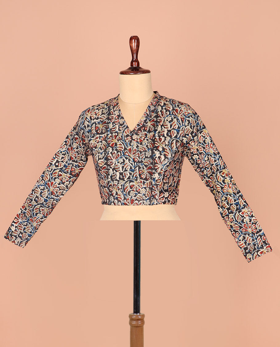 Multi-Color Readymade Blouse Artfully Detailed with Floral Vine Prints, Featuring a Front V-Neck, a Back Closed Neck, and Full Sleeves