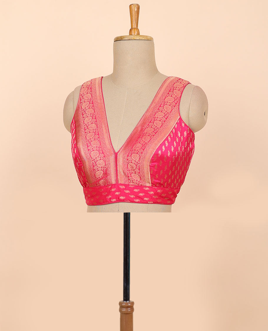 Pink floral zari design front & back deep v-neck raw-silk readymade sleeveless blouse