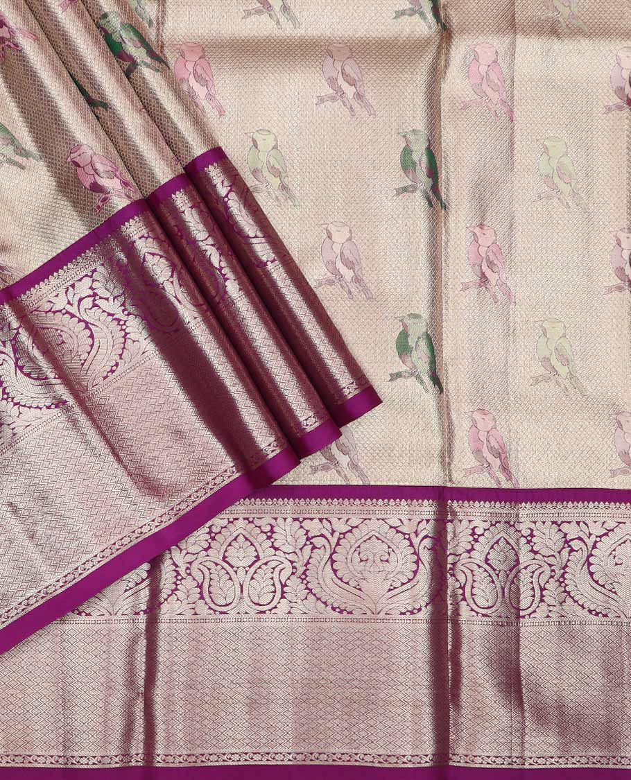 Sliver pure silk half saree, sparrow jacquard skirt, contrast traditional zari border, jacquard blouse, and intricate dhavani