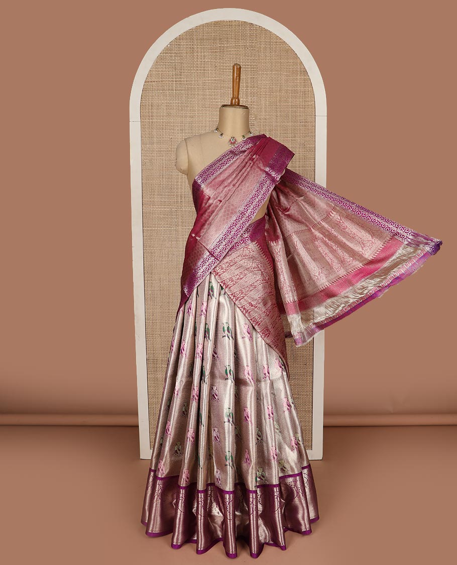 Sliver pure silk half saree, sparrow jacquard skirt, contrast traditional zari border, jacquard blouse, and intricate dhavani