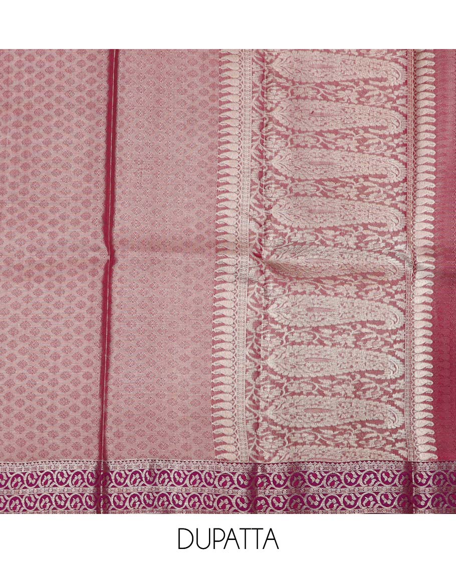 Sliver pure silk half saree, sparrow jacquard skirt, contrast traditional zari border, jacquard blouse, and intricate dhavani