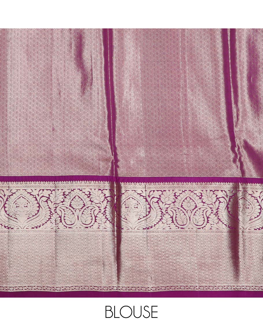 Sliver pure silk half saree, sparrow jacquard skirt, contrast traditional zari border, jacquard blouse, and intricate dhavani