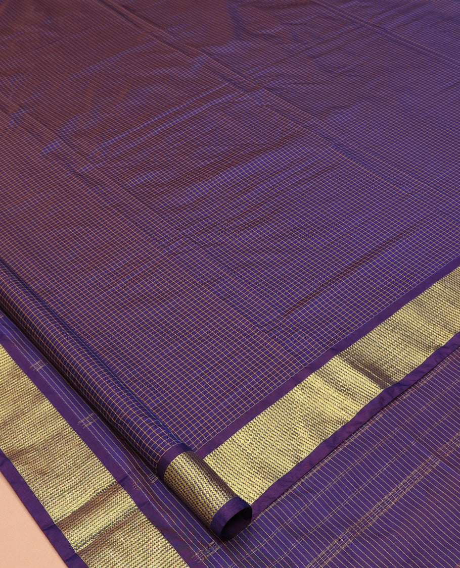 Blue Micro-Checked Art-Silk Nine Yard Saree, a Traditional Zari Border, Pallu of Zari Stripes, and No Blouse