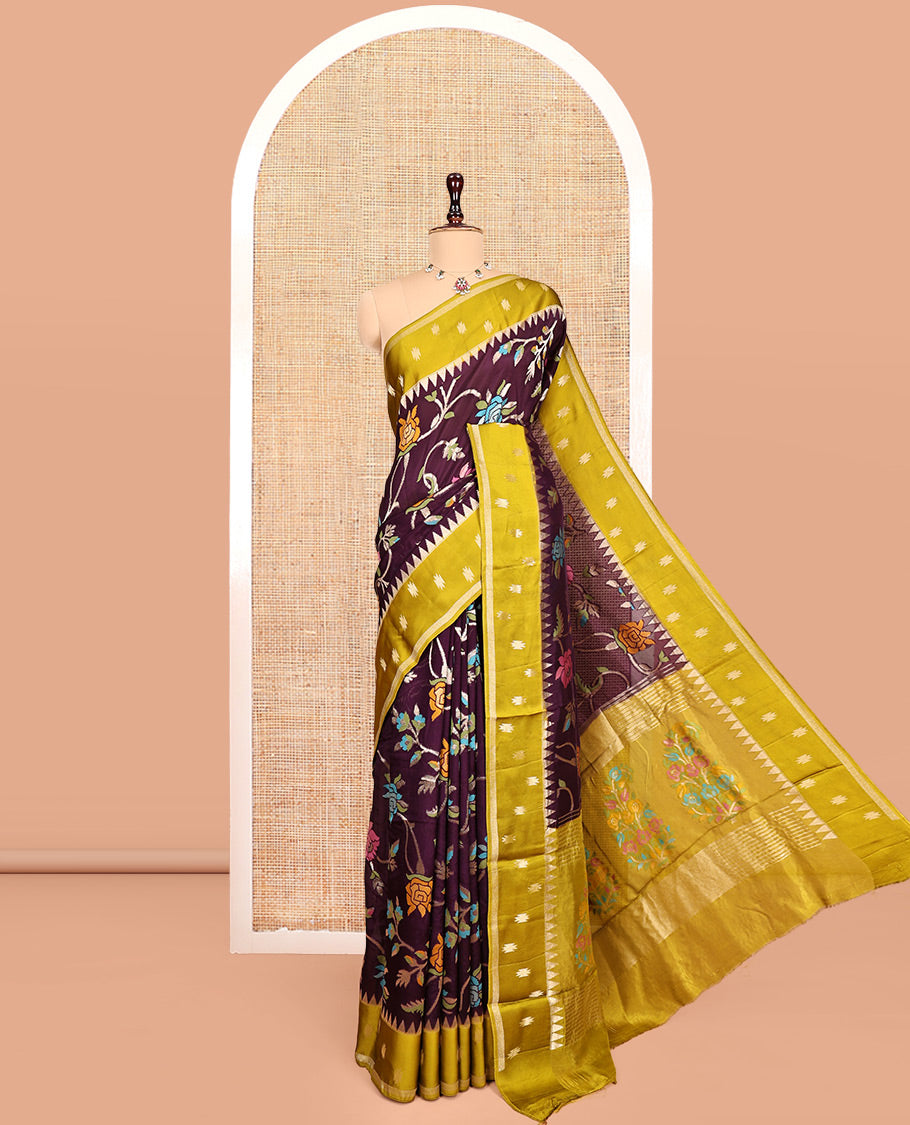 Wine Matka Silk Saree, Richly Detailed with Meenakari Floral Vine Design All Over Its Body, Complemented by Contrast Temple Border of Buttas, Pallu of Floral Designs, and Paired with Contrast Blouse