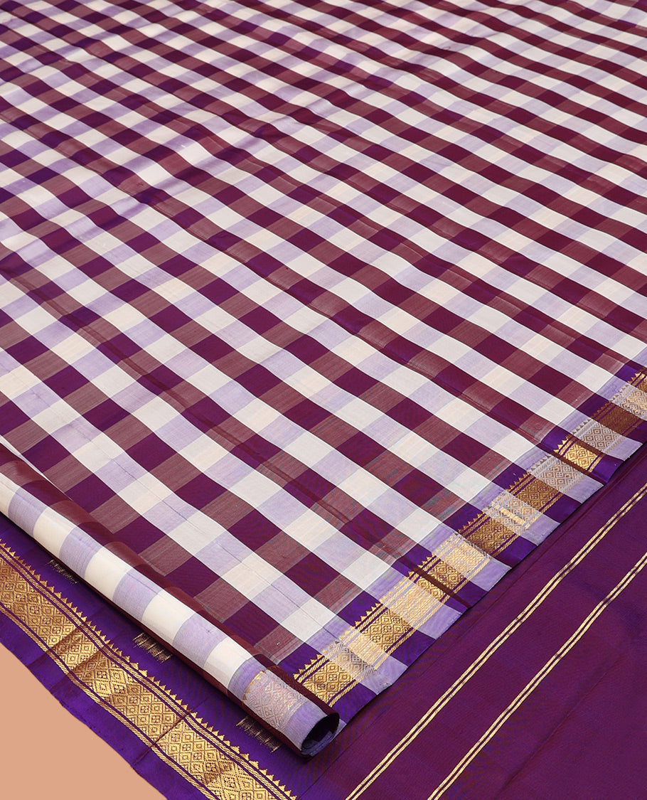 Multi-Color Checked Kanchipuram Silk Saree, Complemented by a Zari Border of Rekku, Banaras, and Jaal Design, Pallu of Zari Design, and No Blouse