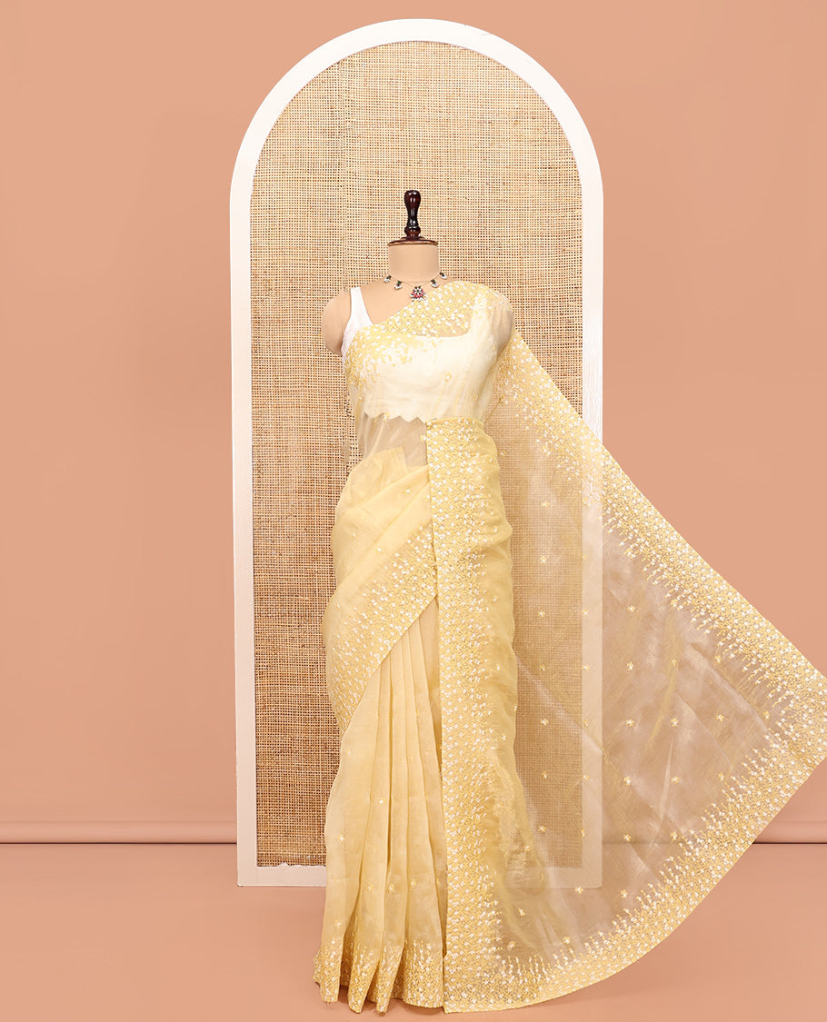 Pale Yellow Organza Saree, Detailed with Floral Embroidery, Scallop Floral Embroidery Border, and a Matching Blouse