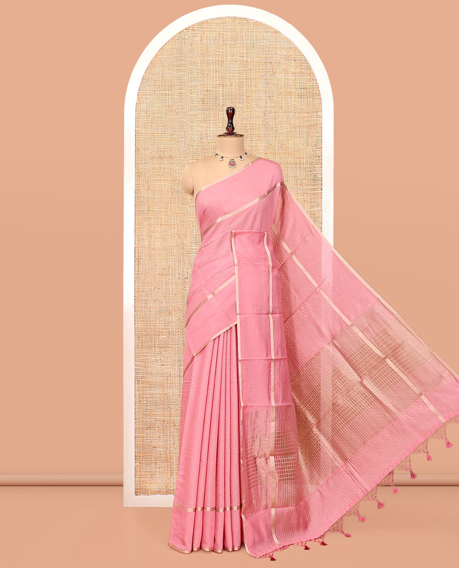 Pink Assam Silk Saree, Mesmerized with Zari Stripes, Highlighted by Zari Border, Gleaming Zari Striped Pallu, and a Matching Blouse