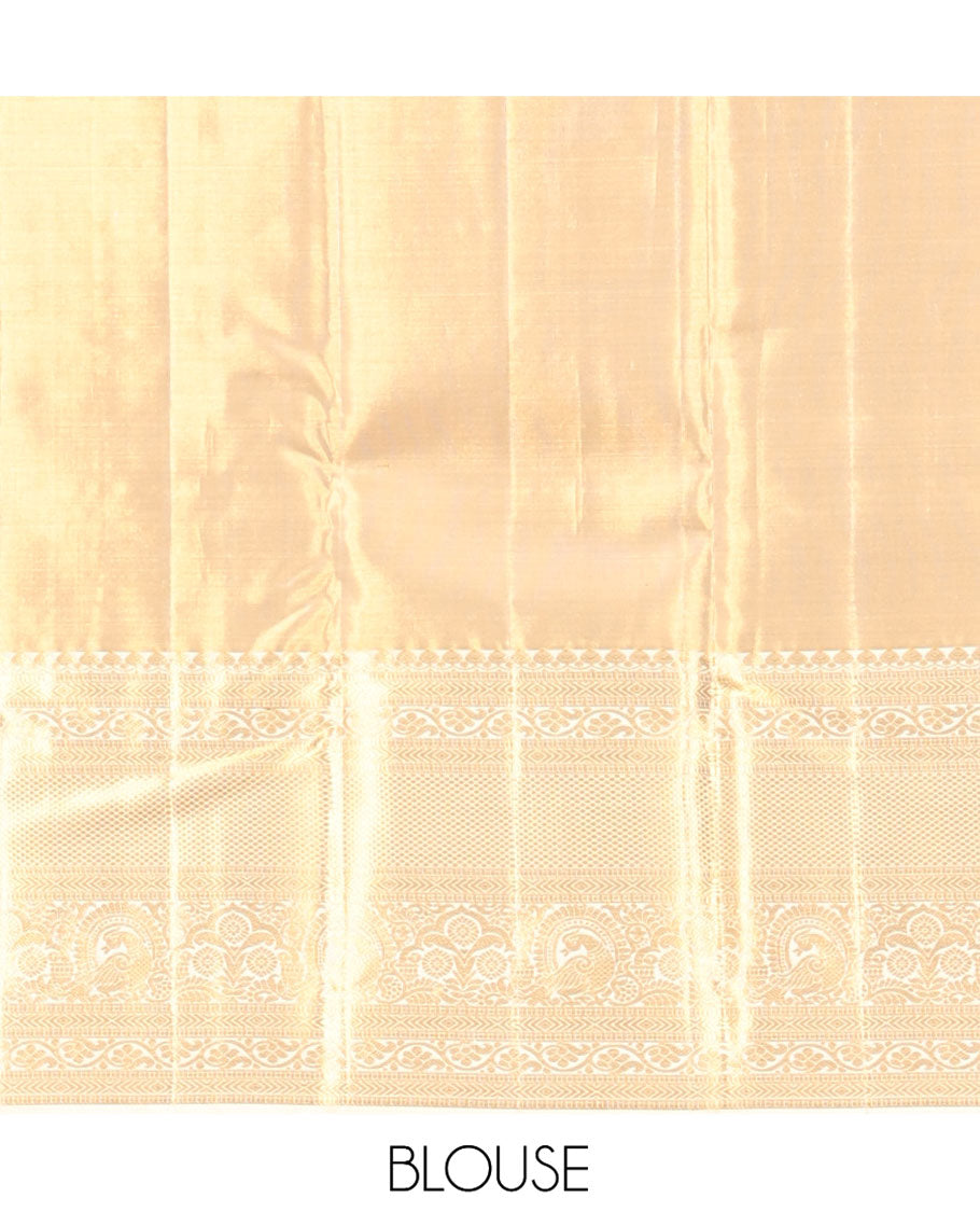 Pale Pink Kanchipuram Tissue Silk Saree, Decked Up with Floral-Bird Jacquard, a Contrast Border of Thilakam Mokku, Kodi Visiry, Mayil, and Mayil Kann, Intricate Pallu, and Contrast Blouse