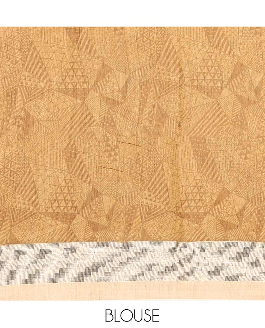 Sandal Tussar Silk Saree, Crafted with Human Motif and Checks, Contrast Geometric and Human Motif Border, Heathered Pallu, and Matching Blouse