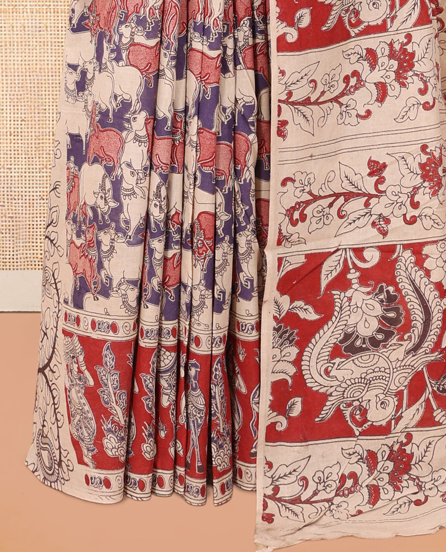 Red Kalamkari Cotton Saree, Ornamented with Pichwai Cow Print, Contrast Printed Border, Kalamkari Human Motifs Pallu, and a Matching Blouse