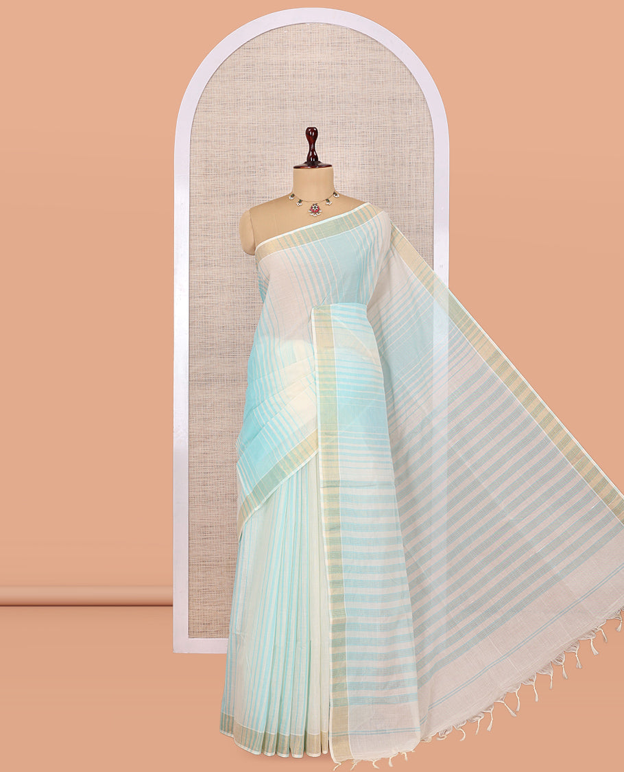 Cream-Sky Blue Jute Cotton Saree