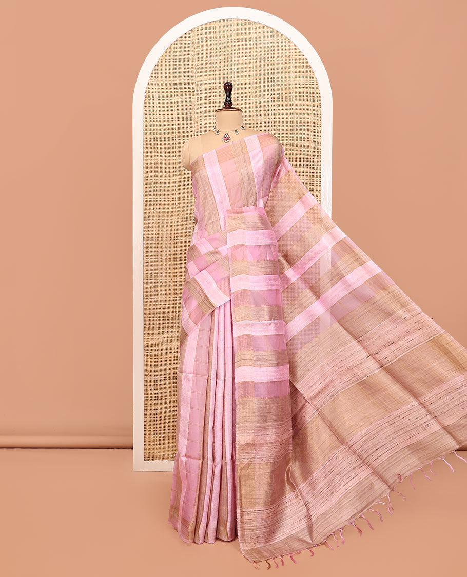 Pink Tussar Silk Saree, Highlighted by Stripes and Checks, a Self-Border, a Heathered Pallu, and a Matching Blouse