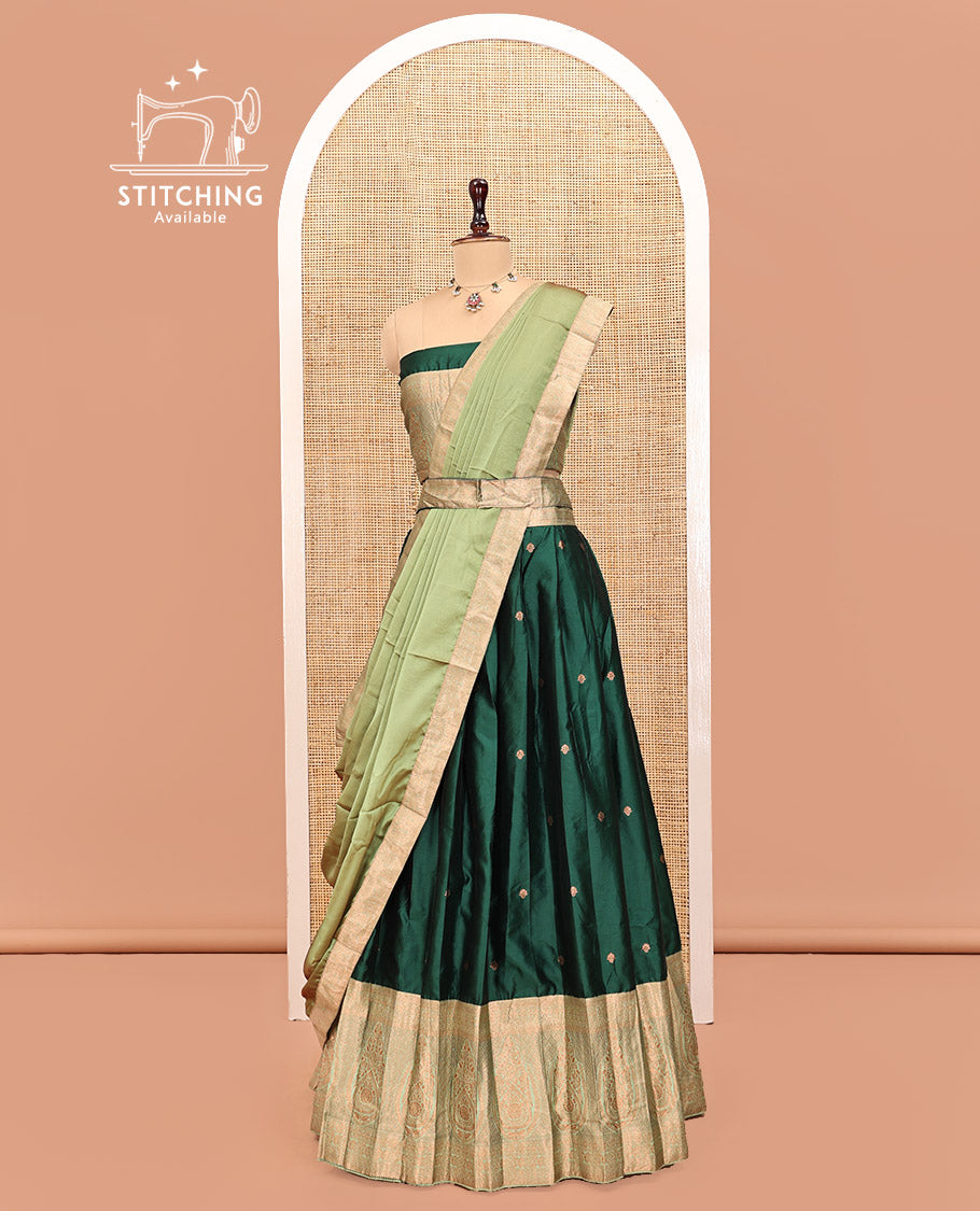 Green Art Silk Half Saree Features Buttas Skirt, Complemented by Contrast Traditional Border, Matching Blouse, and a Plain Zari-Bordered Dhavani