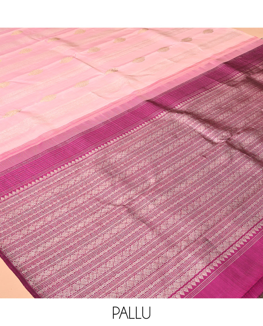 Borderless Pink Kanchipuram Designer Silk Saree, Artfully Detailed with Zari Buttas and Stripes, a Contrast Pallu Steeped with Geometric Designs, and a Contrast Blouse