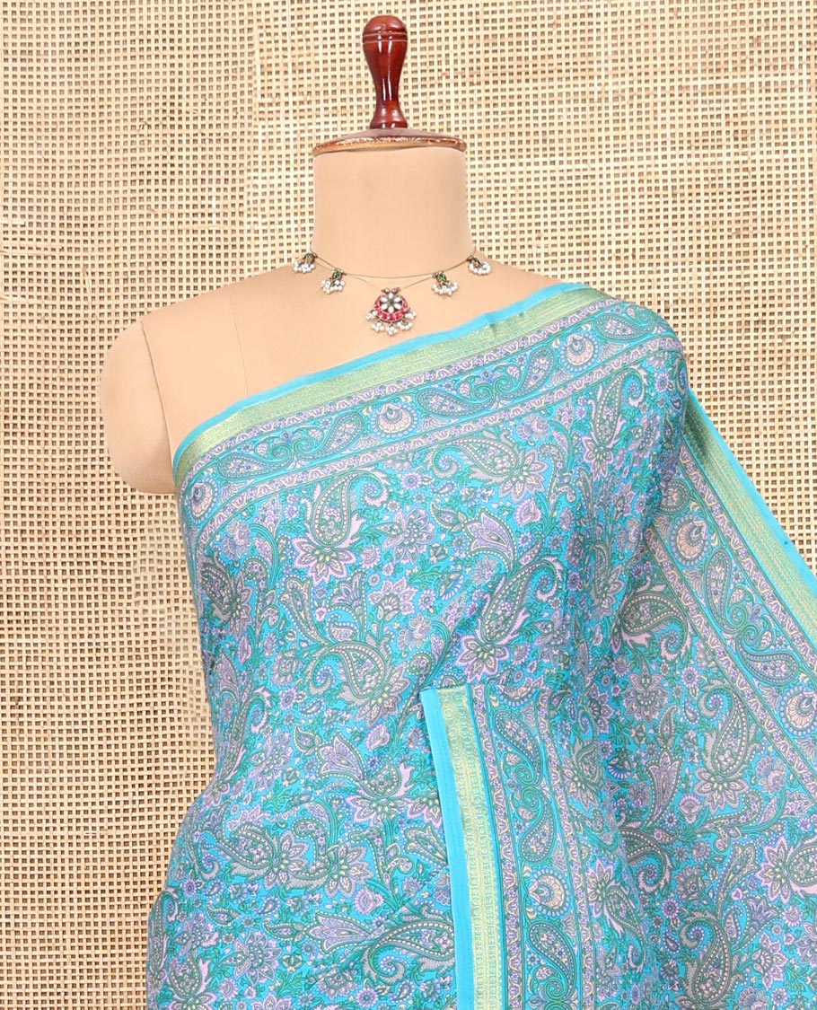 Blue Printed Silk Saree, Bedecked with Paisley Print, a Zari Border, Paisley Printed Pallu, and a Matching Blouse