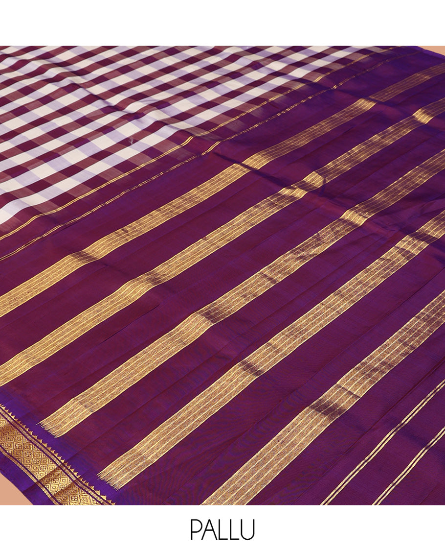 Multi-Color Checked Kanchipuram Silk Saree, Complemented by a Zari Border of Rekku, Banaras, and Jaal Design, Pallu of Zari Design, and No Blouse