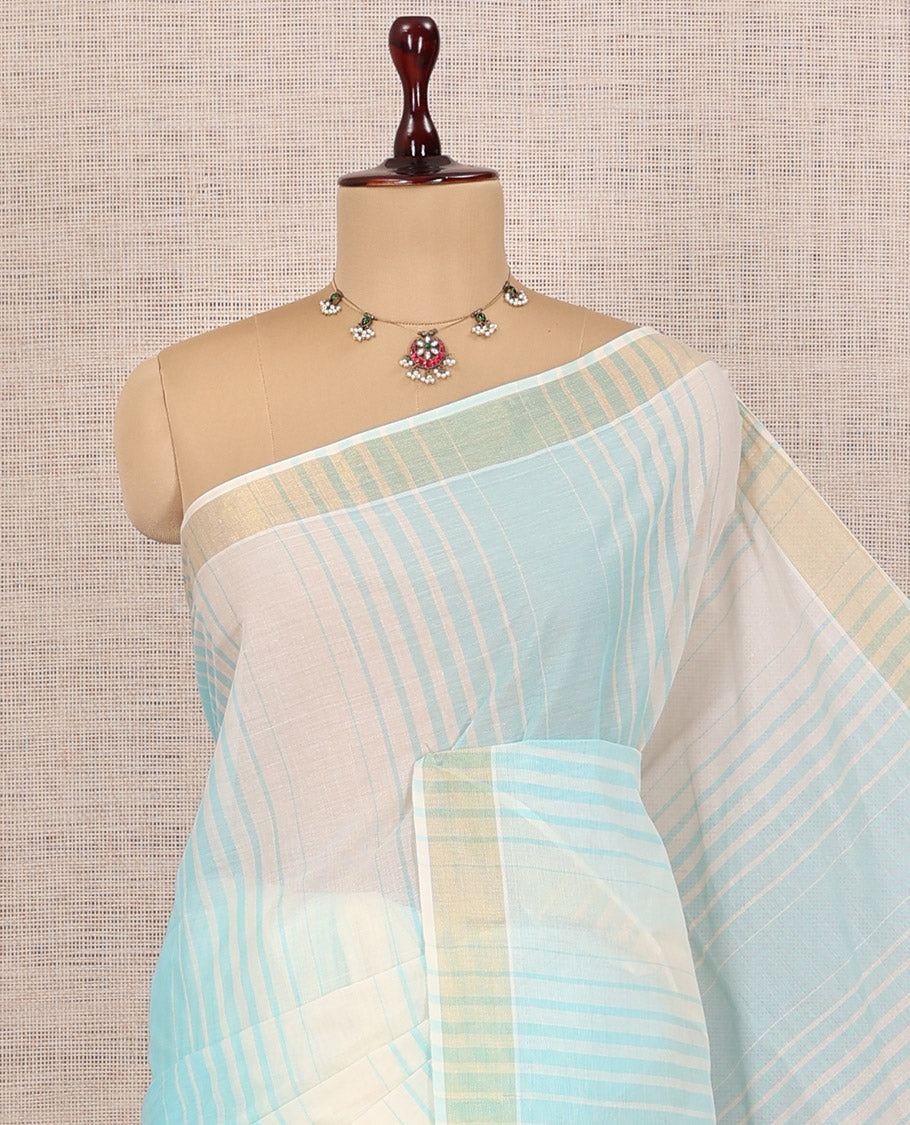 Cream-Sky Blue Jute Cotton Saree