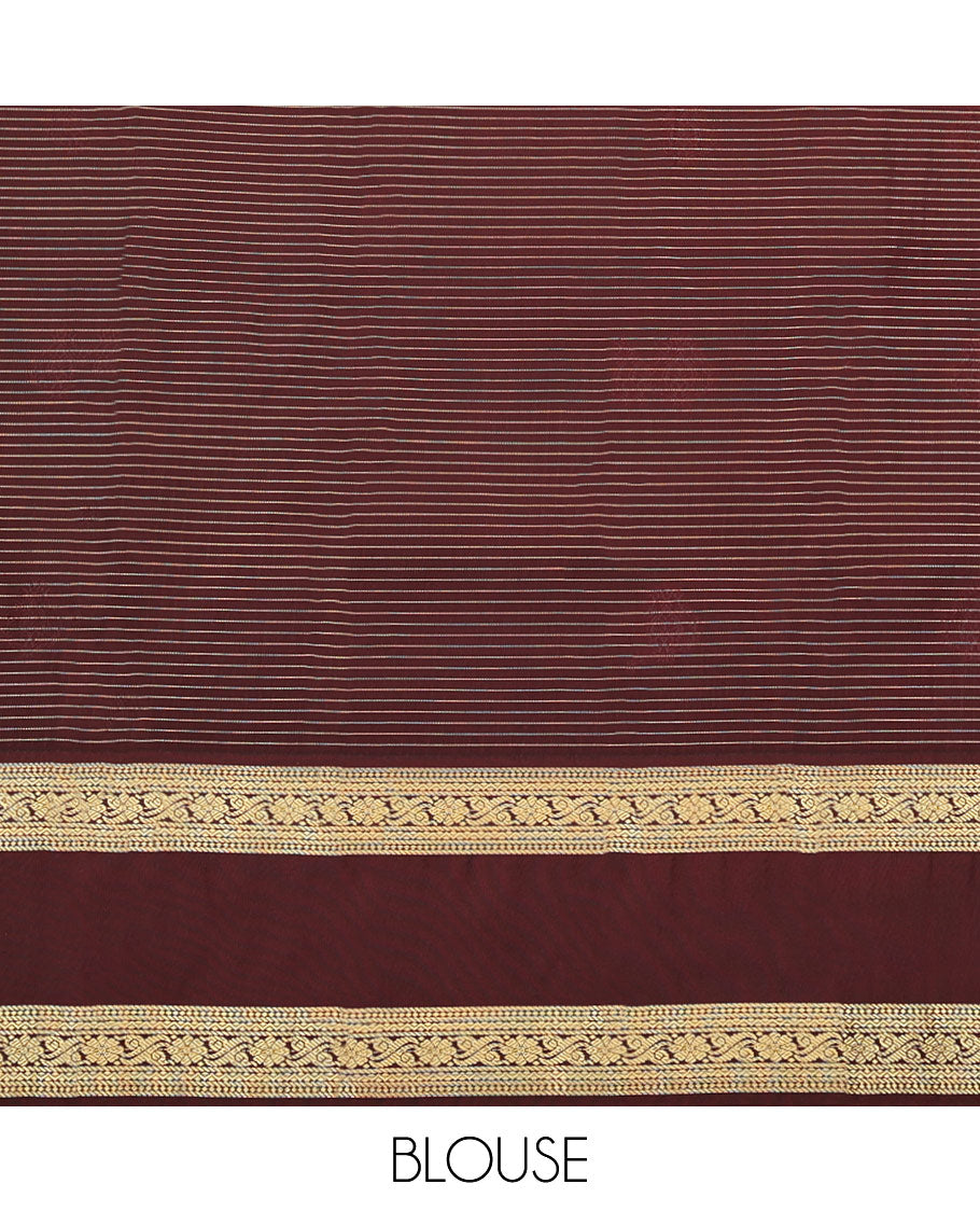 Cream Budget Silk Saree, Entralled with Zari Buttas and Checks On Its Body, Complemented by Contrast Rettai Pettu Border of Traditional Zari Designs, Grand Jaal Pallu and Paired with a Contrast Blouse