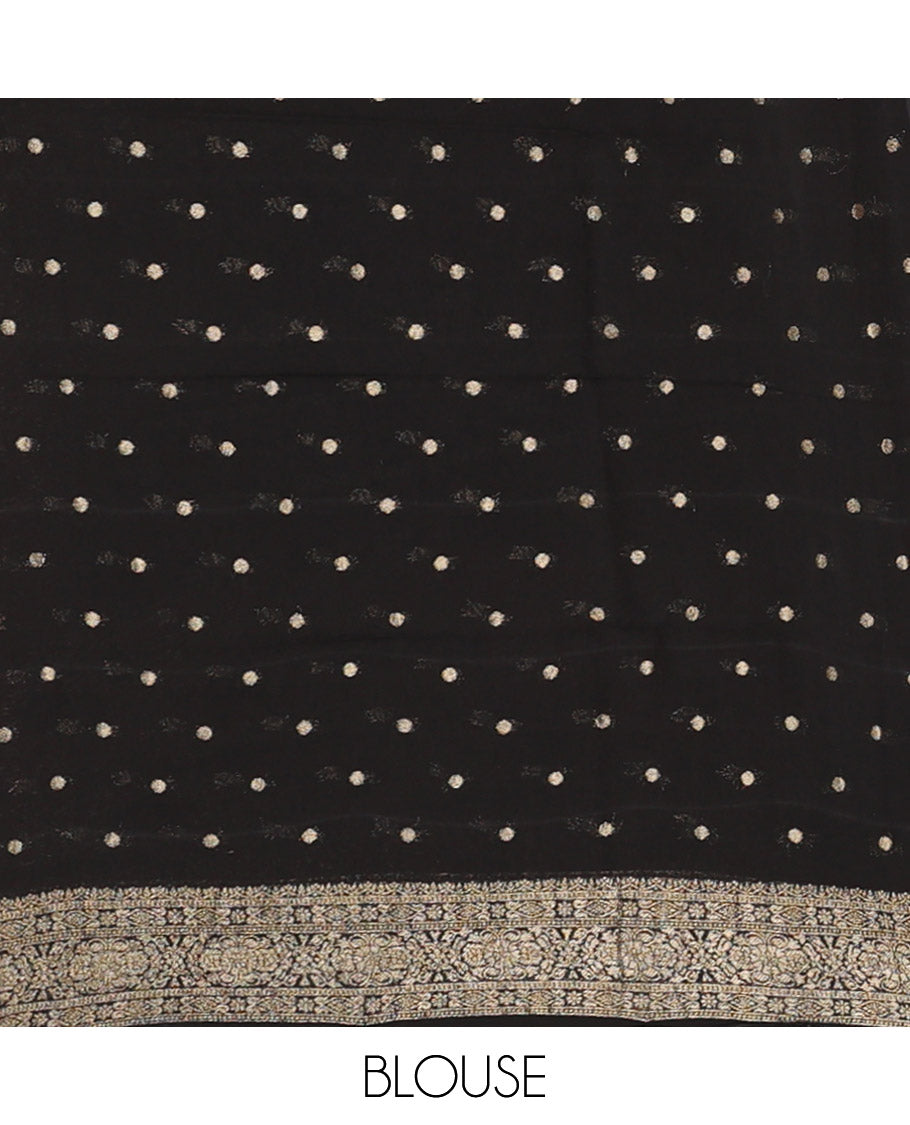 Black Georgette Saree, Enriched with Buttas and Stripes, Highlighted by a Traditional Border, Pallu of Intricate Designs, and a Matching Blouse