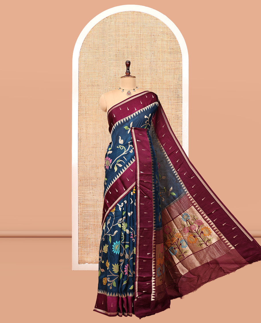 Navy Paithani Floral Organza Saree, Contrast Temple Border, Contrast Blouse