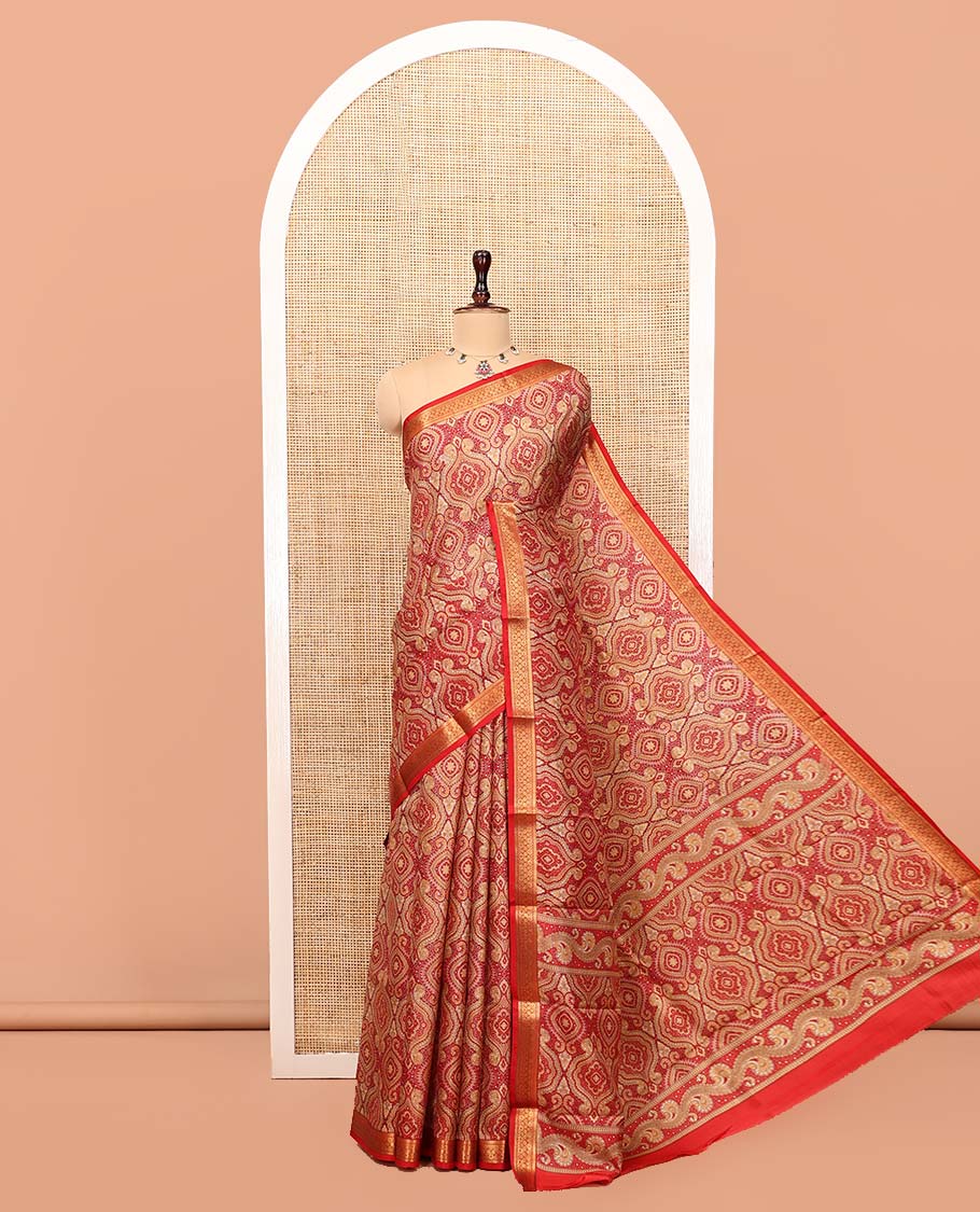 Red Printed Silk Saree, Elegantly Highlighted with Intricate Prints, Highlighted by a Traditional Zari Border, Printed Pallu, and a Matching Blouse