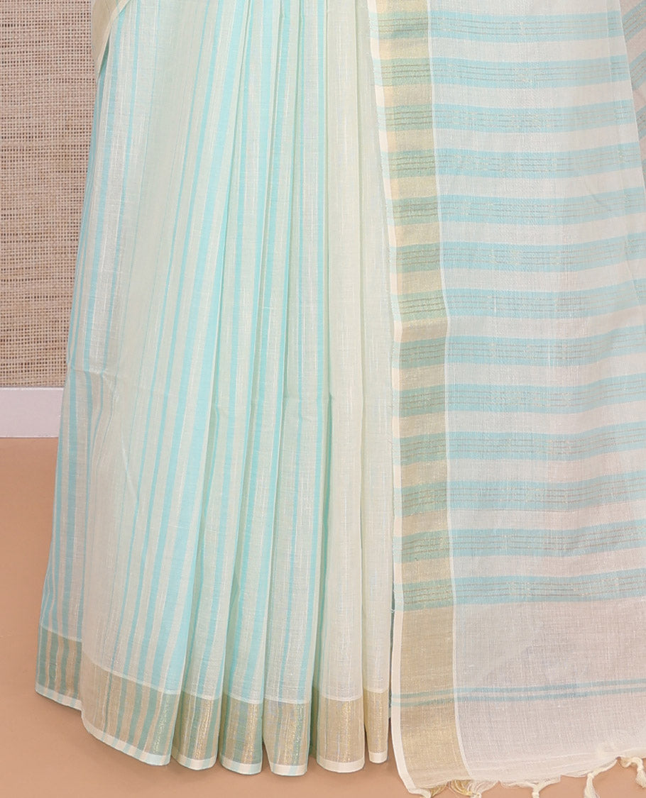 Cream-Sky Blue Jute Cotton Saree