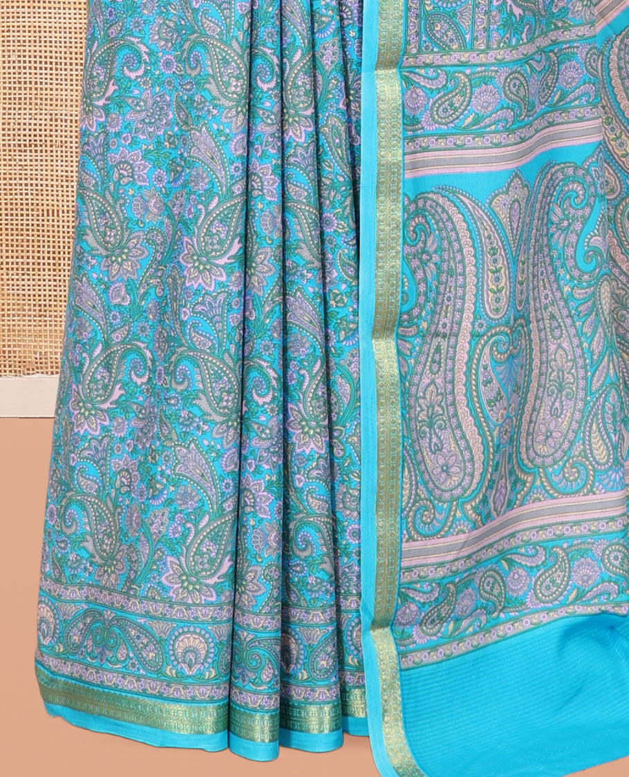 Blue Printed Silk Saree, Bedecked with Paisley Print, a Zari Border, Paisley Printed Pallu, and a Matching Blouse