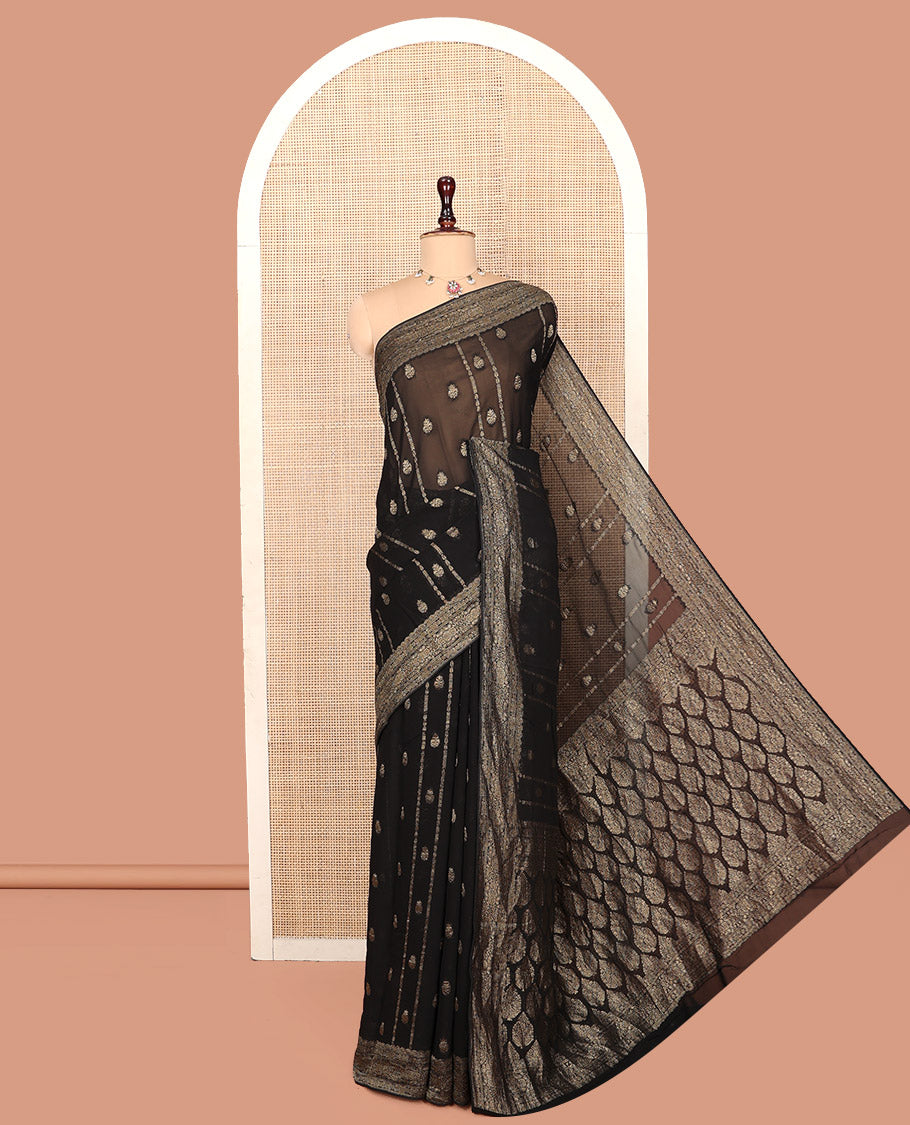 Black Georgette Saree, Enriched with Buttas and Stripes, Highlighted by a Traditional Border, Pallu of Intricate Designs, and a Matching Blouse