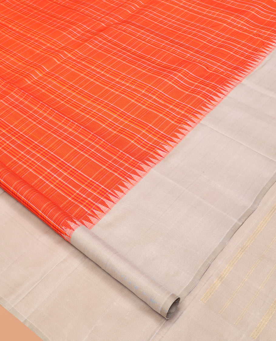 Orange Checked Kanchipuram Silk Saree, Complemented by a Contrast Thazampoo Rekku Border, Zari Design Pallu, and a Contrast Blouse