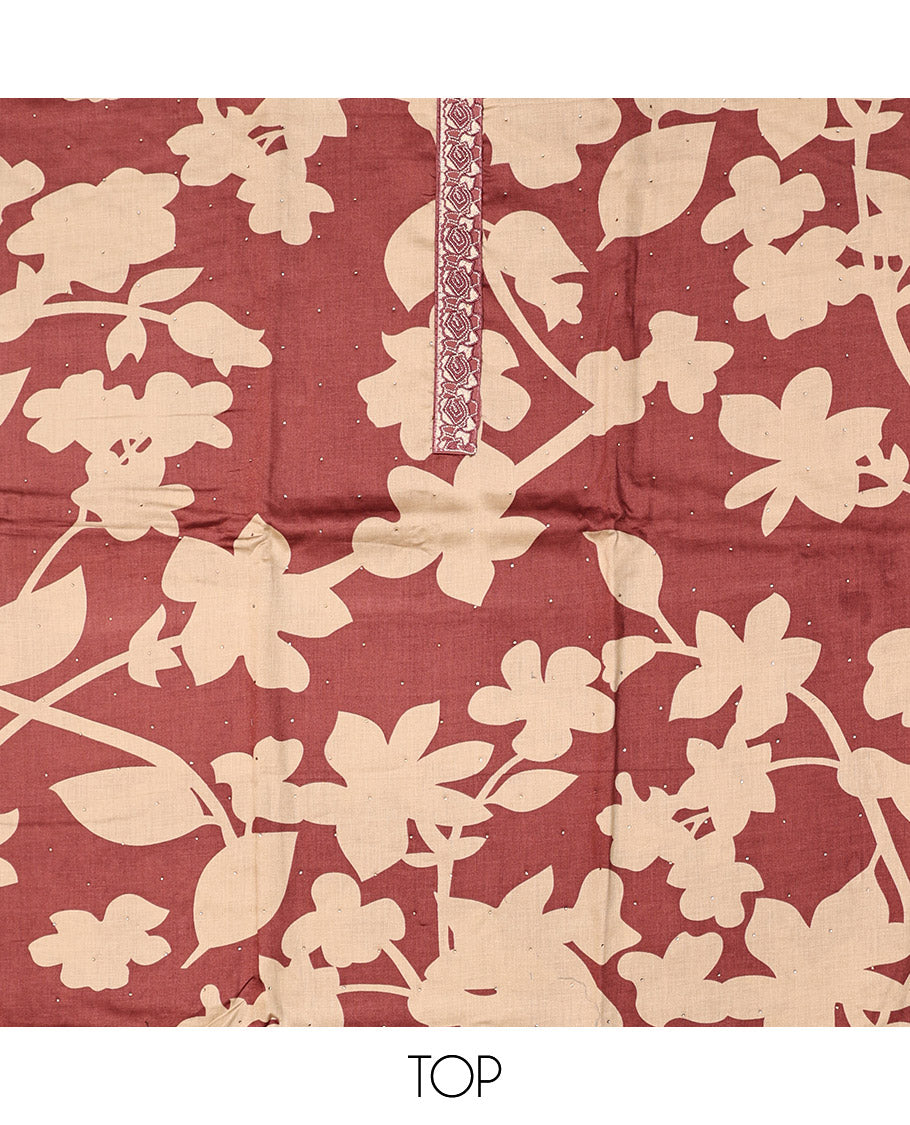 Brown and Sandal Material Chudidar Set, Elevated with Silhouette-Style Floral Print, and Stone Work on Its Rayon Top, a Plain Rayon Bottom, and Paired with a Floral Printed Rayon Dupatta