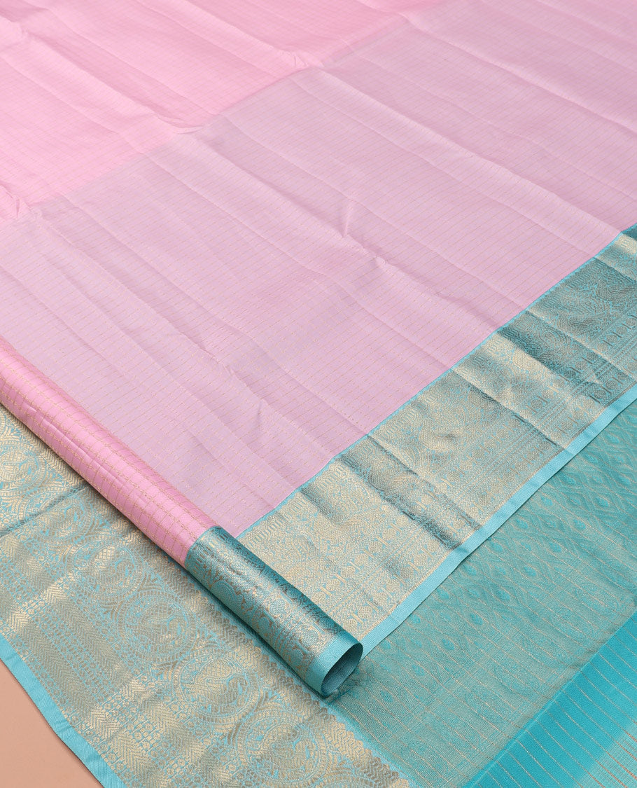 Pink Vasundhara Lite Silk Mix Saree, Sparsely Woven with Zari Checks, a Contrast Border of Muthu, Banaras, Kathir, and Round Mayil Designs, Jaal Pallu, and a Contrast Blouse
