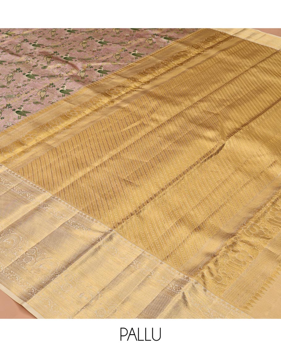 Pale Pink Kanchipuram Tissue Silk Saree, Decked Up with Floral-Bird Jacquard, a Contrast Border of Thilakam Mokku, Kodi Visiry, Mayil, and Mayil Kann, Intricate Pallu, and Contrast Blouse