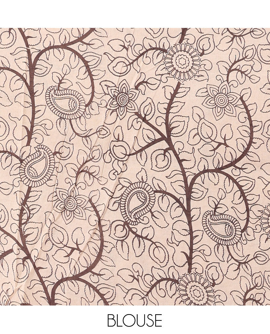 Red Kalamkari Cotton Saree, Ornamented with Pichwai Cow Print, Contrast Printed Border, Kalamkari Human Motifs Pallu, and a Matching Blouse