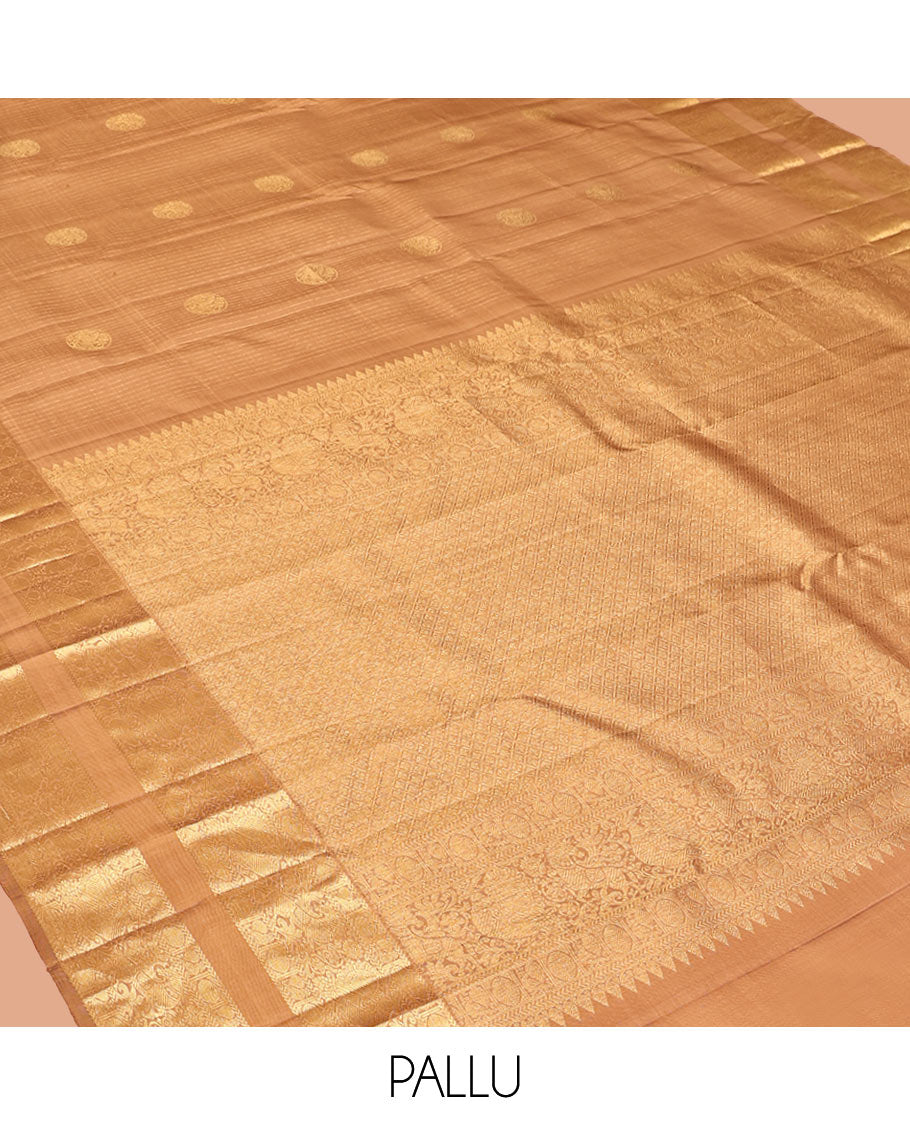 Pale Brown Kanchipuram Silk Saree, Subtly Sparkled with Zari Designs, Highlighted by a Zari Rettai Pettu Border of Poun, Mayil, and Kuthirai Designs, Grand Pallu, and Matching Blouse